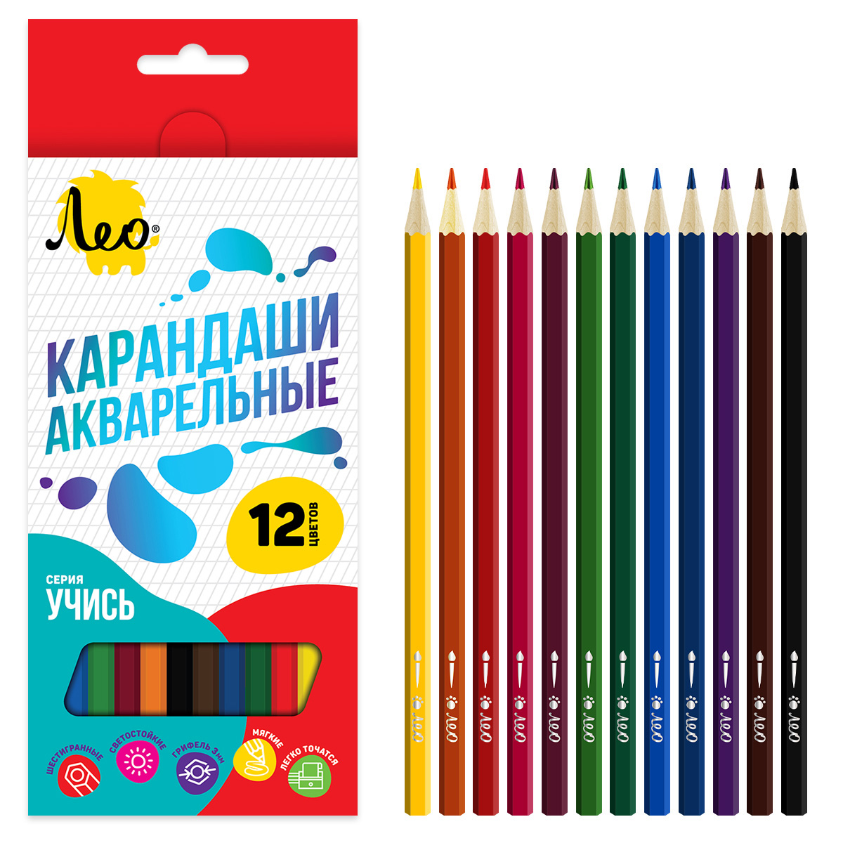 Акварельные карандаши 12цв "Учись" LNSWP-12 | Магазин канцтоваров и игрушек Львёнок