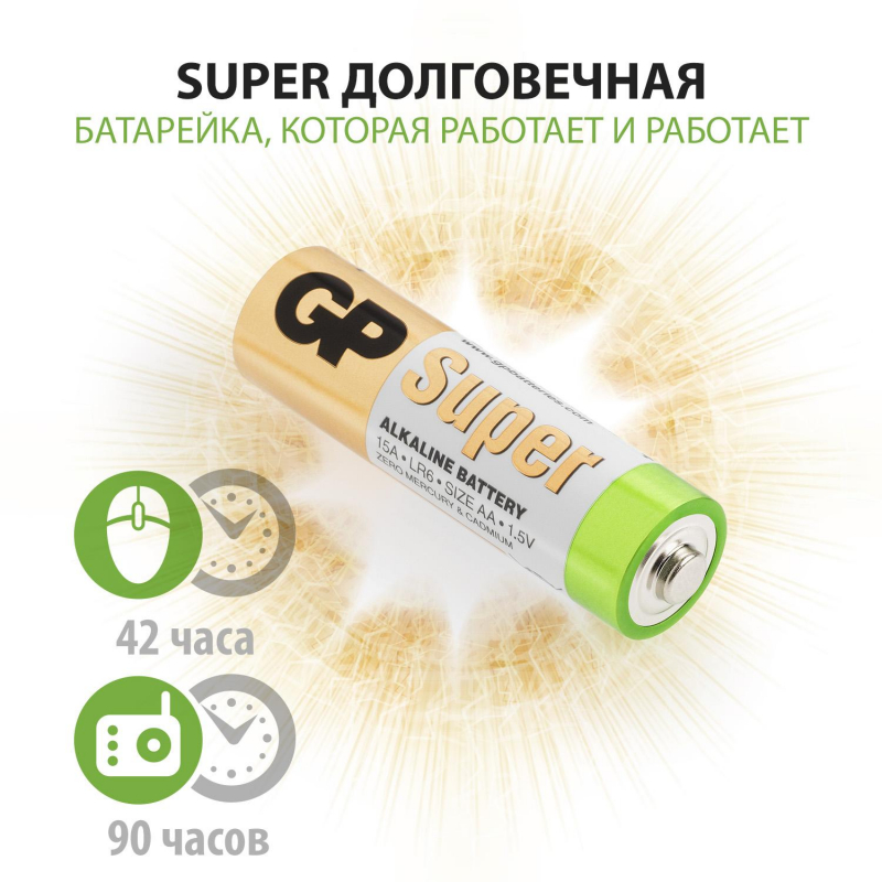 Батарейка AA GP LR06 Super  GP15ARS-2SB4 | Магазин канцтоваров и игрушек Львёнок