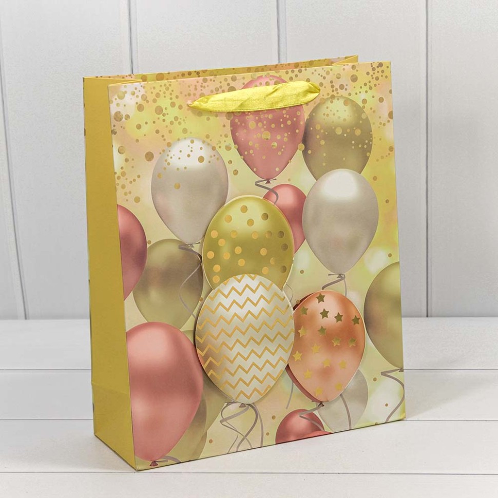 Пакет подарочный бумага 32х26х10см "Воздушные шары" 000111C Желтый | Магазин канцтоваров и игрушек Львёнок