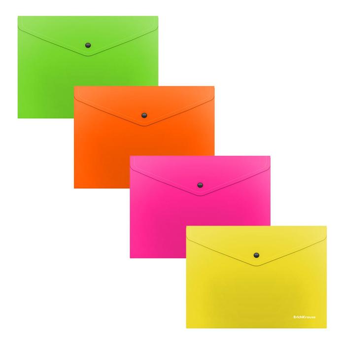 Папка-конверт на кнопке С6 (130*223) 0,18мм Glossy Neon 50303 полупрозрачная ассорти 4 вида | Магазин канцтоваров и игрушек Львёнок